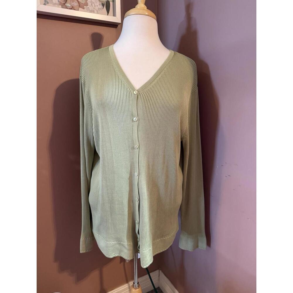 Talbots Woman Ribbed Cardigan 2X Green Lightweight 100% Silk Cuff Hem Detail